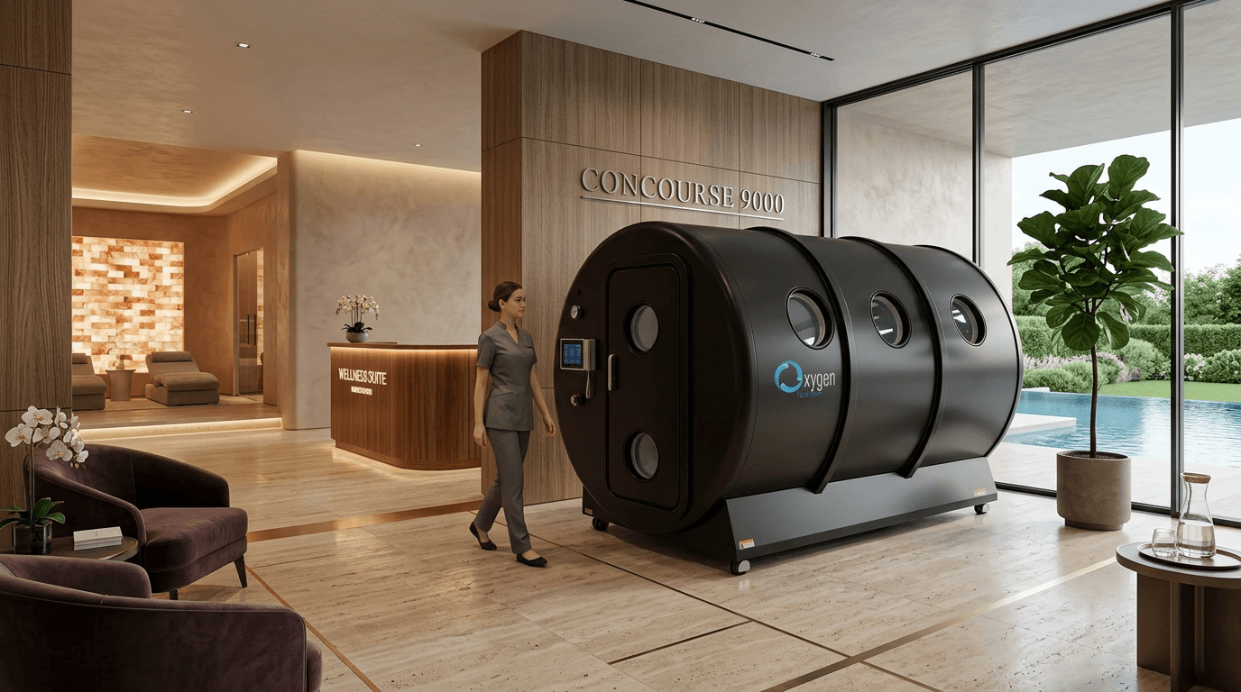 Concourse 9000 PVHO-1 certified matte black multiplace hyperbaric oxygen chamber in a luxury spa wellness suite