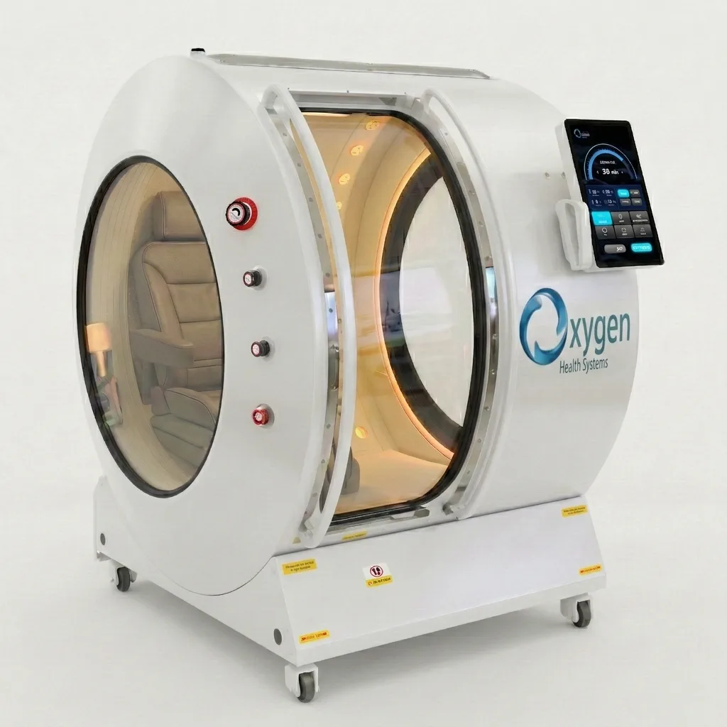 Vital Sphere 360 satin white walk-in hard-shell hyperbaric oxygen chamber with oval viewing window and cream interior seating