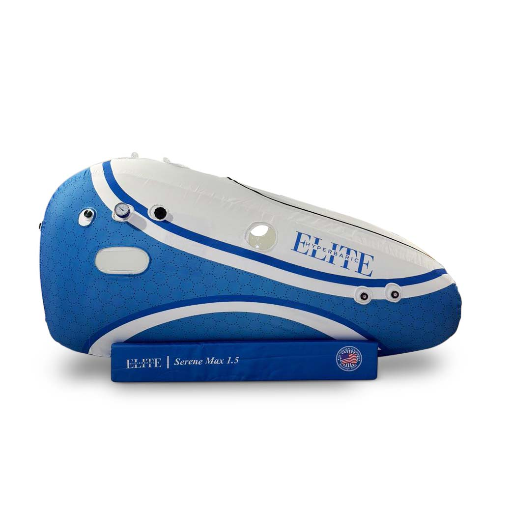 Blue and white Elite Hyperbaric Serene Max 1.5 soft-sided chamber on its base