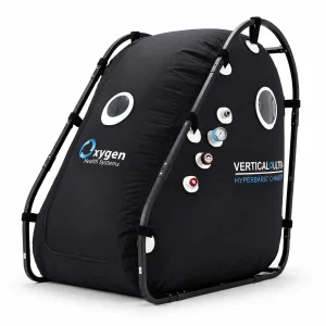 Black Vertical Ultra upright soft hyperbaric chamber on a black tubular frame with round viewing windows